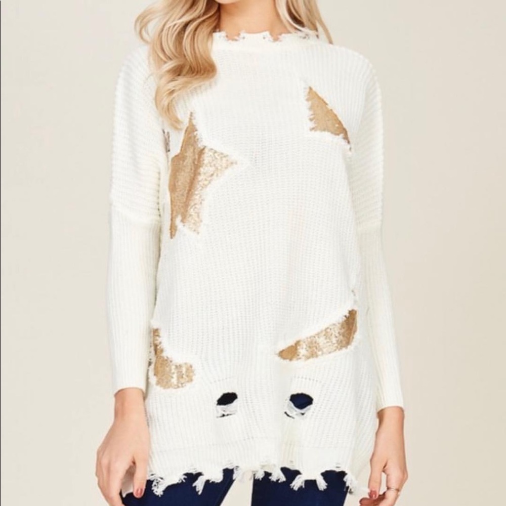 Distressed star sequin oversized sweater